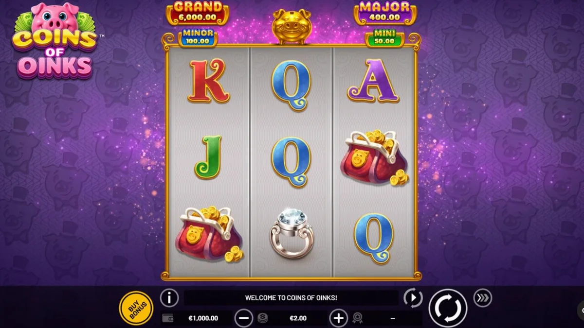Visual mewah dari slot Coins of Oinks dengan tema babi kaya raya dan koin emas.