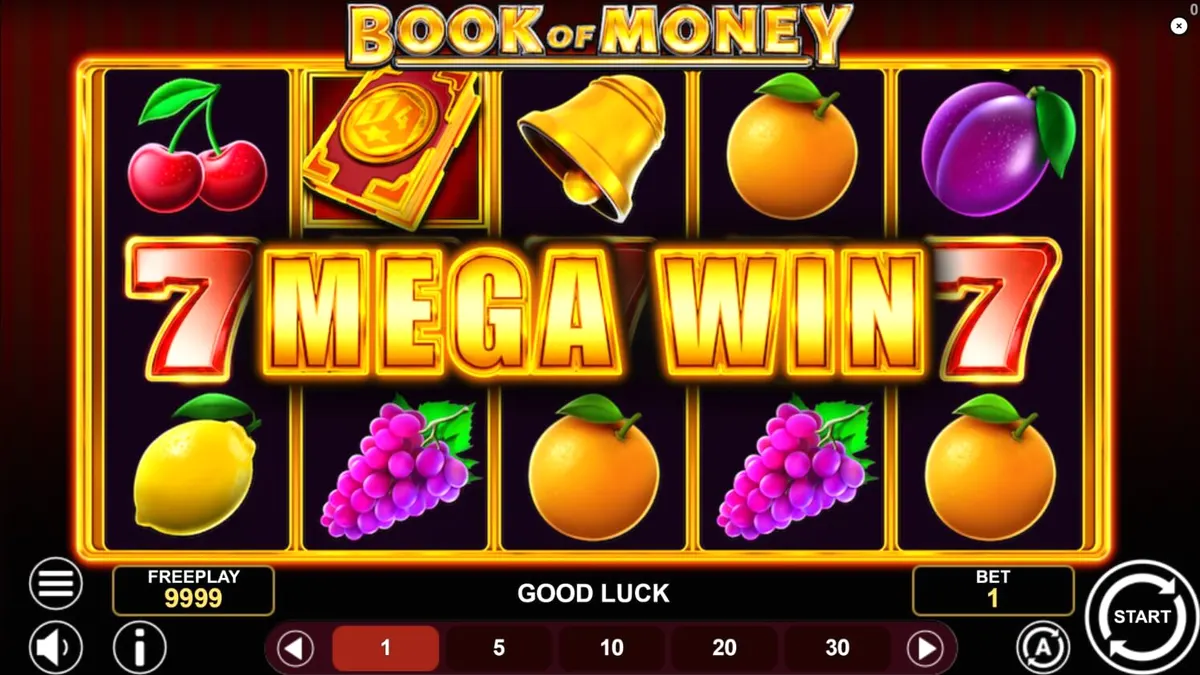 Tampilan visual slot Book of Money dengan simbol buah dan buku kuno.